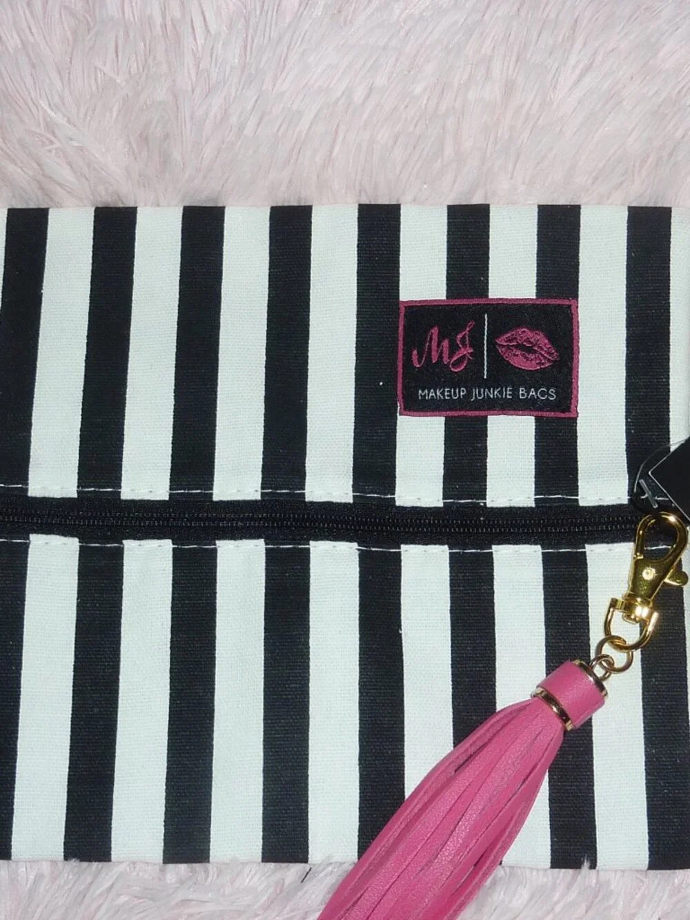 NWT Makeup Junkie Bag Glam Black and White Stripe Zippered